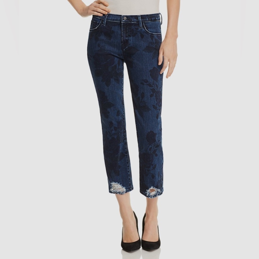 J Brand Dark Blue Floral Dye Print Cropped Cotton Blend Jeans. Size-2
